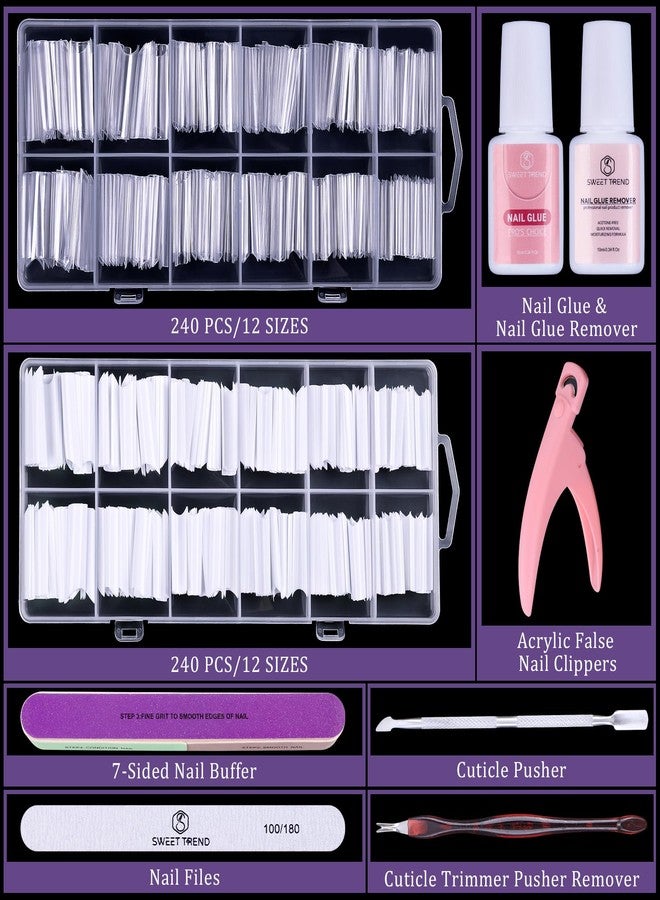 SWEET TREND Fake Nail Tips White Clear: Sweet Trend No C Curve Tapered Square Nail Tips for Acrylic Nails - 480Pcs 12 Sizes Extra Long Straight Nail Extension Kit - with Glue Remover & Glue Acrylic Clippers Set - Image 2